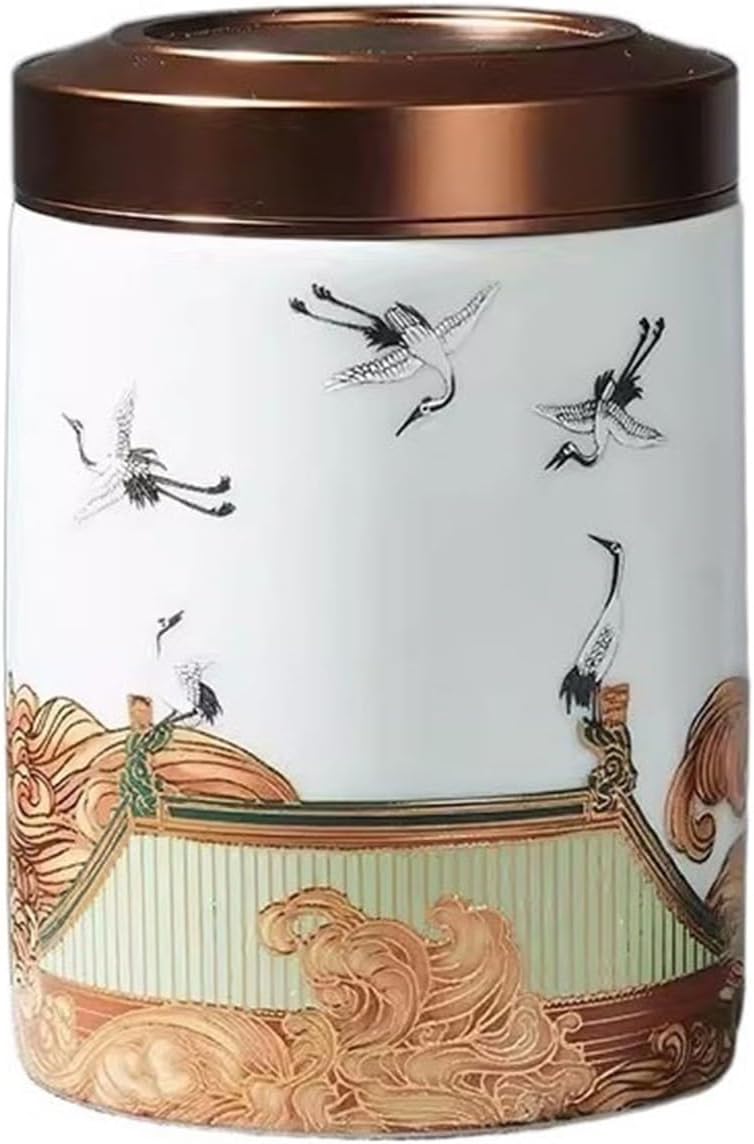 Tea Tin Crane Pattern Tea Caddy Metal Lid Sealed Canister Puerh Black Green Storage Box Small Accessories Container(White)