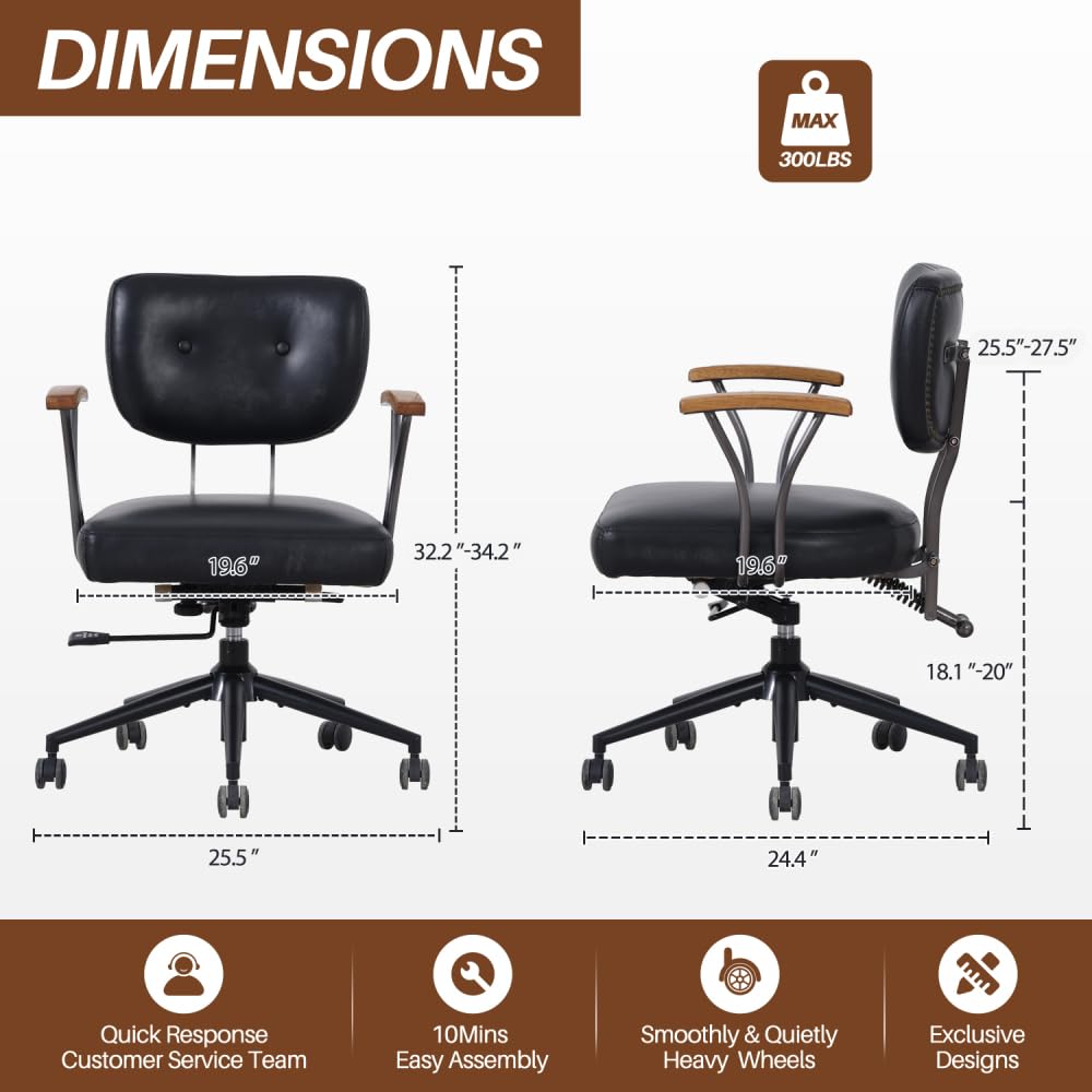 I0I&I0I Sedia da ufficio ergonomica in pelle, regolabile in altezza, girevole, con ruote e braccioli in rovere, per casa e ufficio
