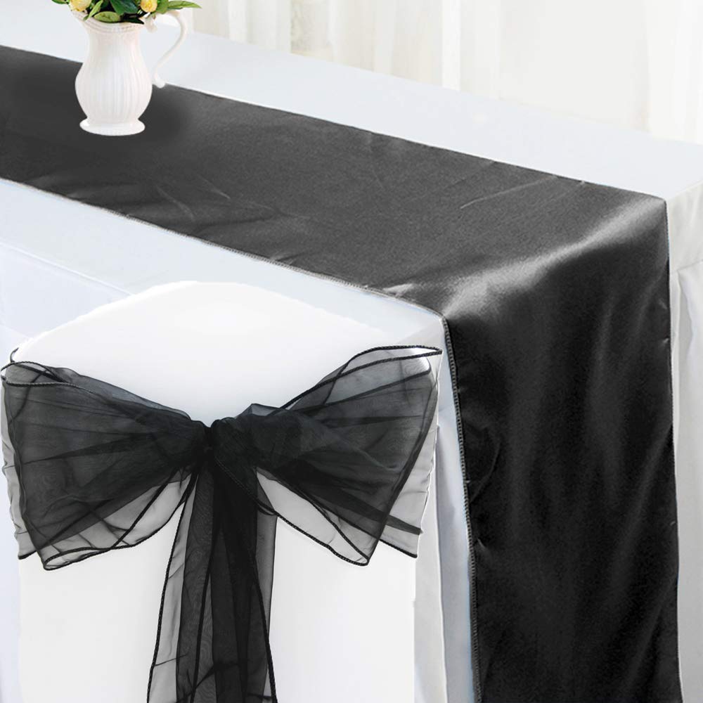 Time To Sparkle Sash+Runner Black 100Pcs Organza Chair Sashes Bows + 10Pcs Satin Table Runner Wedding Party Decoration,