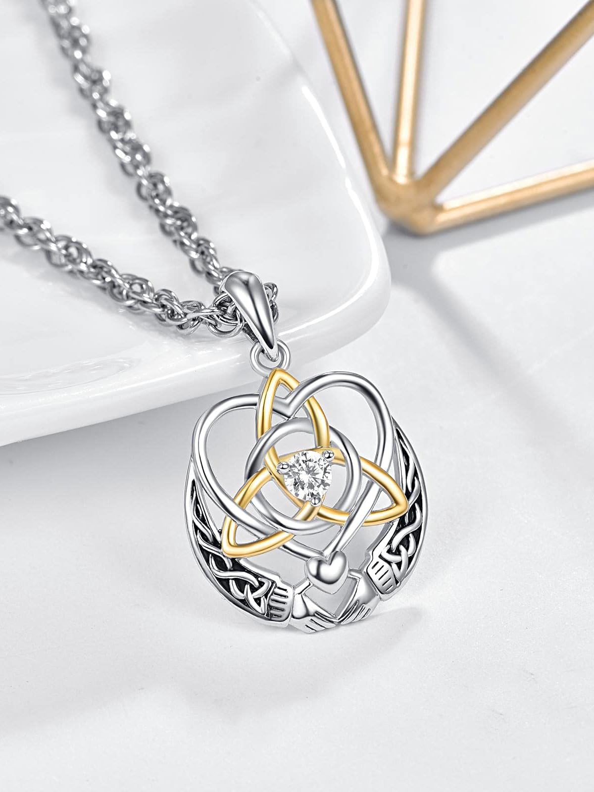 KINGWHYTE Claddagh Halskette, 925 Sterling Silber keltischem Knoten Kette für Damen Algerischer Liebesknoten Anhänger Irisch Trinity Schmuck Geschenke für Frauen Damen Mädchen