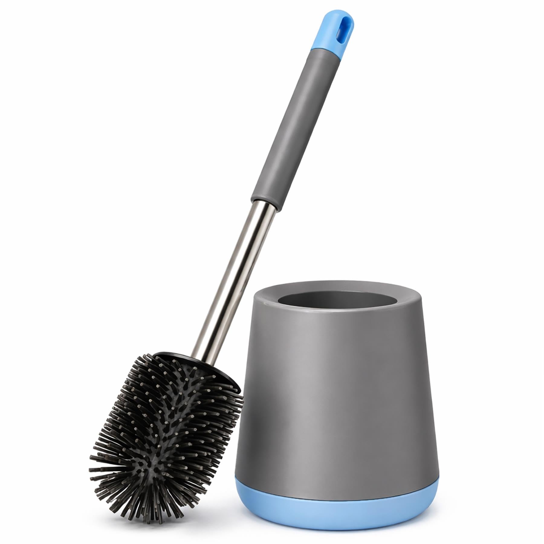Innoteck Grey & Blue Premium Silicone Toilet Brush And Holder Set For Bathroom – 360° Flexible Non-Scratch Tpr Bristles With Detachable Drip Tray - Hygienic Under-Rim Deep Cleaner - Sleek Grey And Blue Design