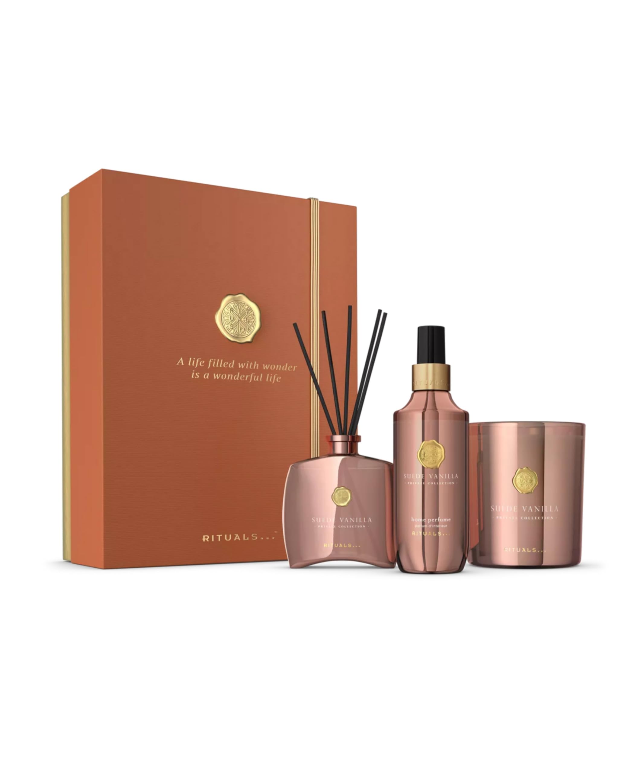 RITUALS Set de regalo Suede Vanilla Large – productos de lujo para el hogar de la Private Collection – Caja de regalo de aromaterapia con perfume para el hogar, una vela perfumada y varillas aromática