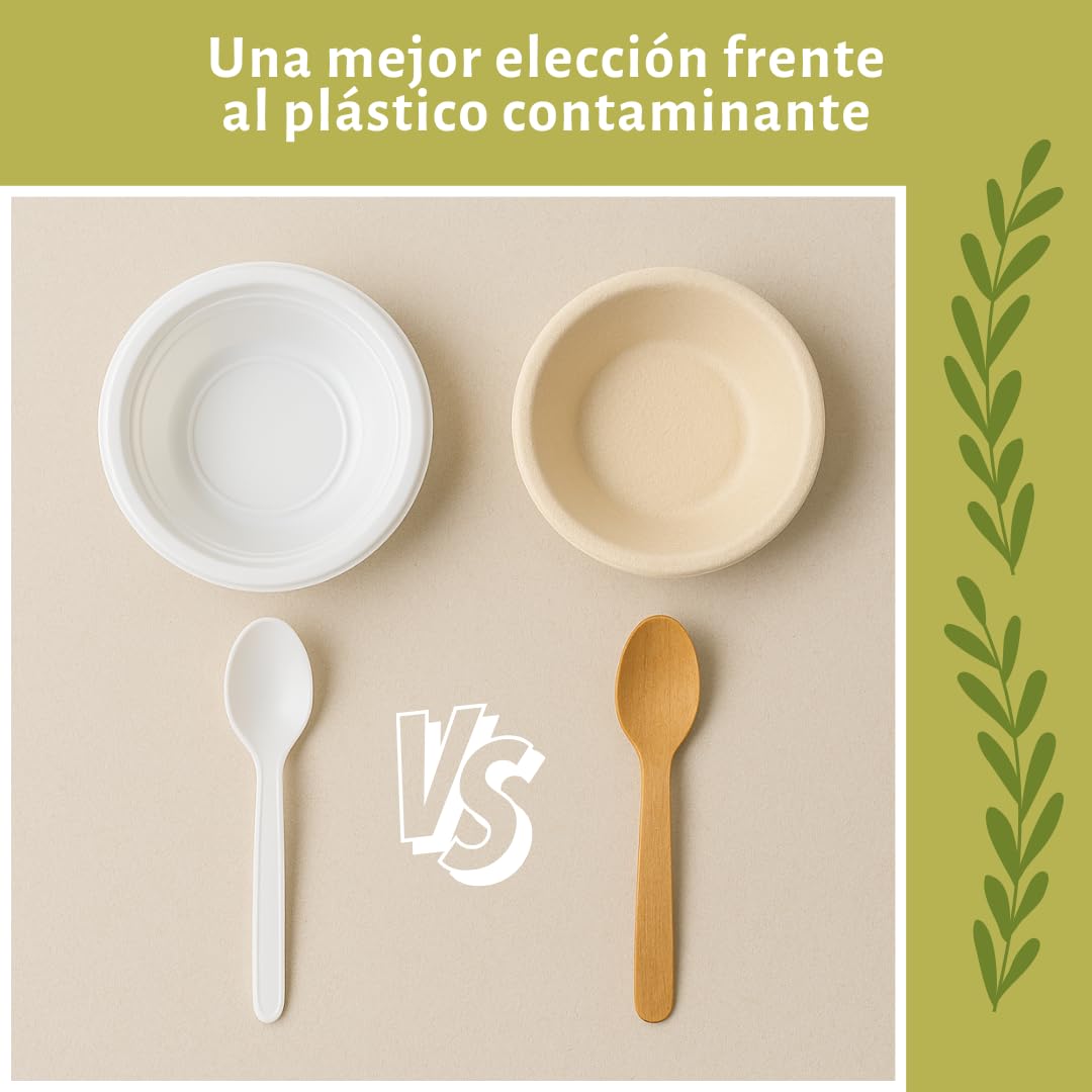 Pack 200 Cuencos Biodegradables Fibra de Caña 12oz + 200 Cucharas de Madera Encerada 16cm | Vajilla Desechable Ecológica Compostable | Alimentos Calientes y Frios (Cuencos y Cucharas)