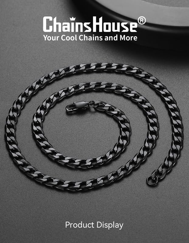 ChainsHouse Stainless Steel Cuban Link Chain Necklace for Men Women, Black/14K Gold Plated Flat Cuban Chain, 4mm/6mm/9mm/13mm Width Hip Hop Jewelry Mens Cuban Chain, 14"-30" Length-with Gift Box - Image 3
