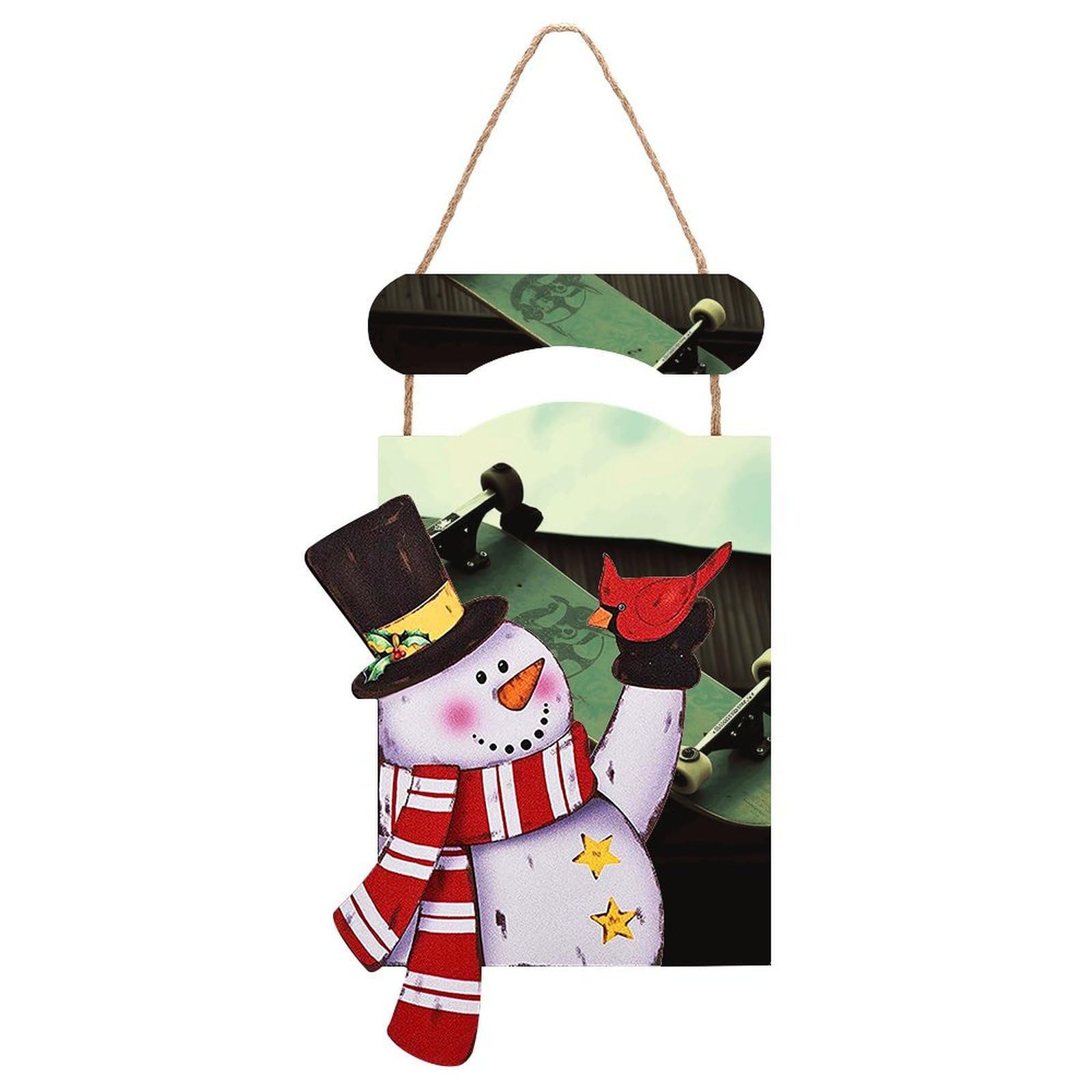 Skateboard Snowman Sign Wooden Hanging Door Sign Christmas Door Decor Christmas Snowman Wooden Hanging Sign Wall Art for Indoor Outdoor Porch Wall