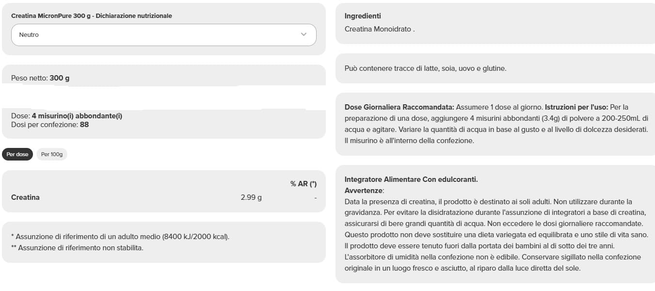 Prozìs Creatine MicronPure 300 gr – Creatina monohidrato altamente soluble, micronizada, rápida absorción – Multi Sabores (sandía)
