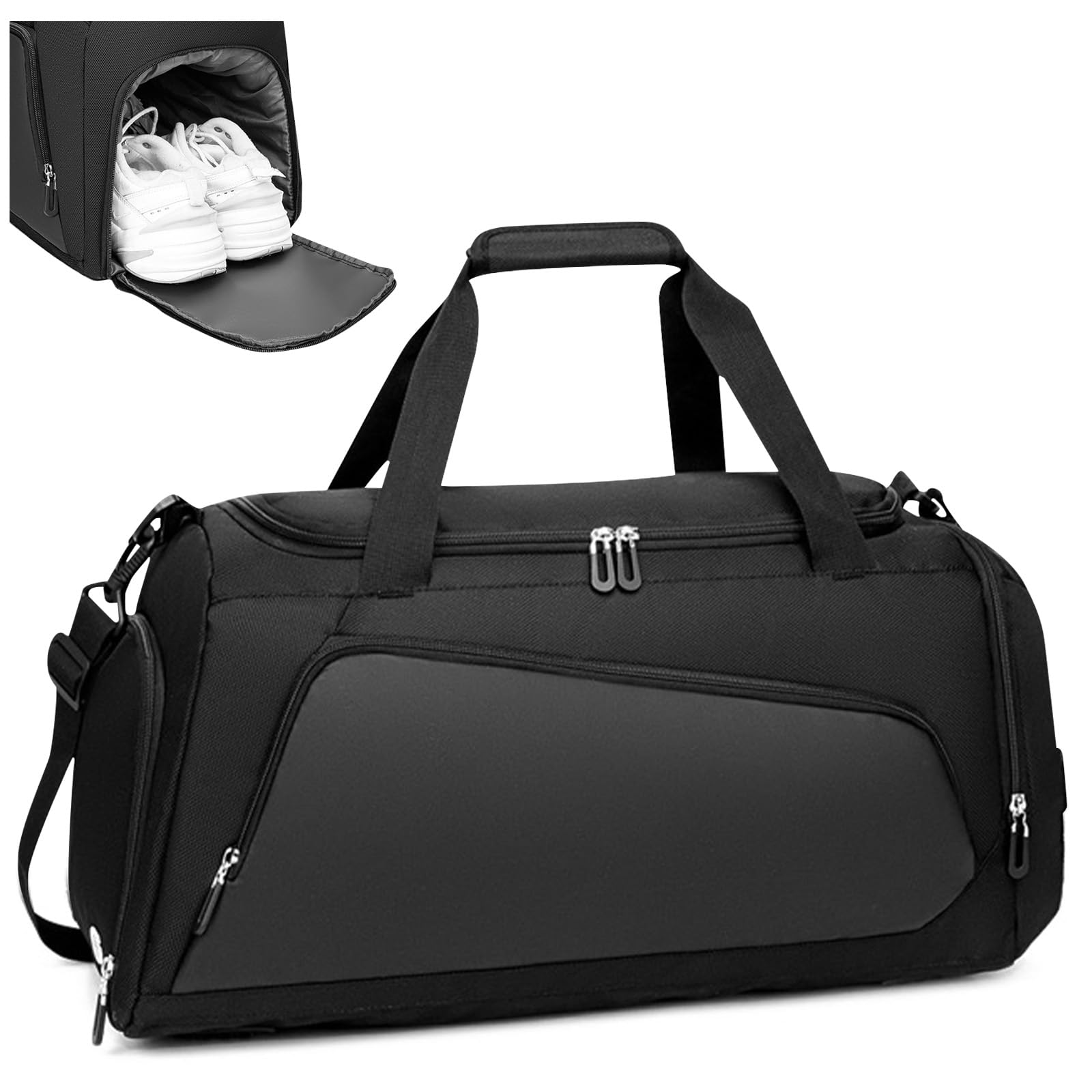 Sac de Sport avec Compartiment Chaussures et Humide, Grand Sac de Voyage Hydrofuge avec Plusieurs Poches d'organisation, pour Homme et Femme, Duffle Bag Léger pour Gym, Fitness, Weekend - Noir