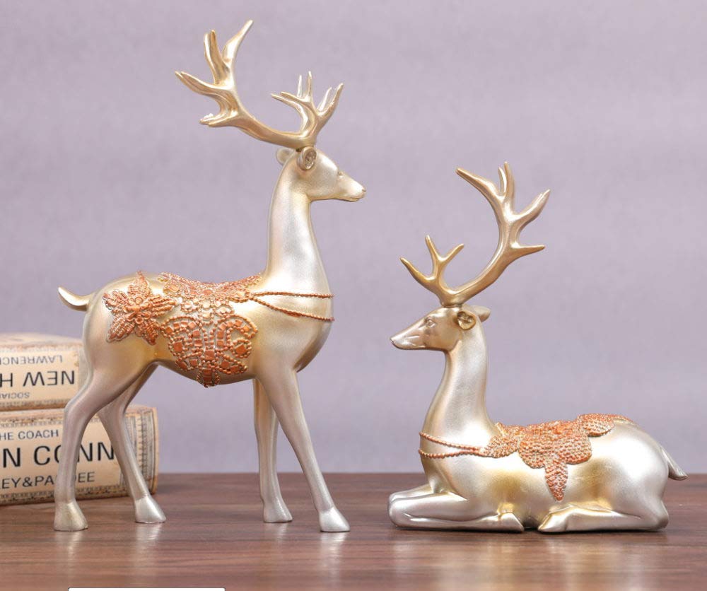 Petite statue cerf miniature en résine argentée pour décoration de maison