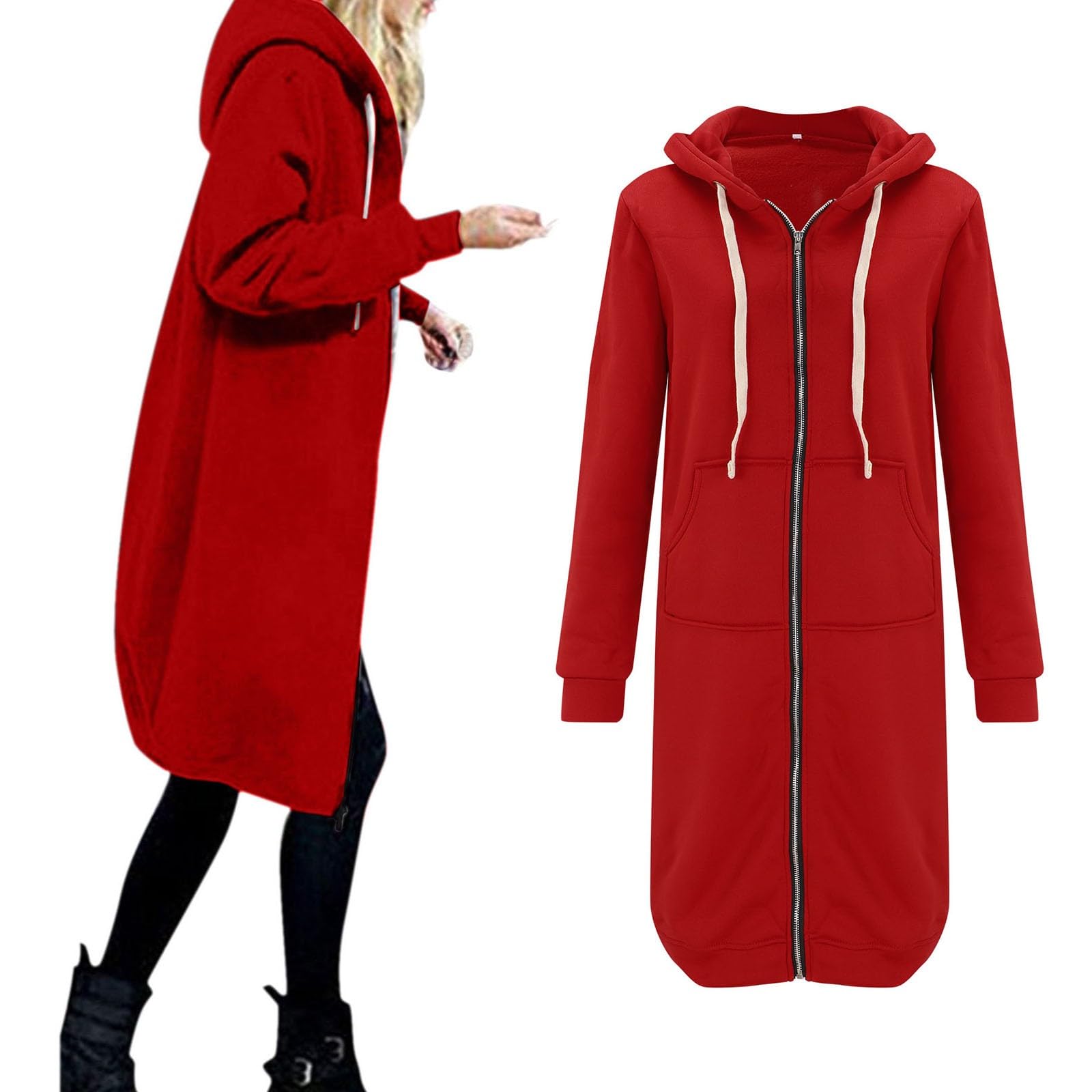 Generisch Felpa lunga da donna con cappuccio, alla moda, con cerniera, oversize, calda, a maniche lunghe, per autunno e mezza stagione