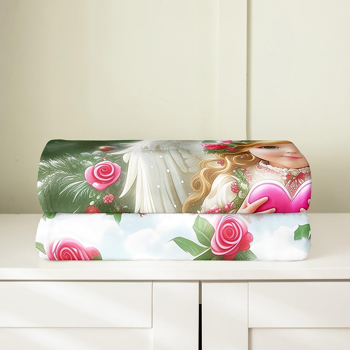 Erosebridal Cute Angel Blanket Throw 50x60, Romance Valentine'S Day Throw Blanket For Kids Girls Boys, Pink Love Flowers Couple Soft Fleece Blanket For Sofa Bed Couch, Floral Leaves Cozy Fuzzy Blanket
