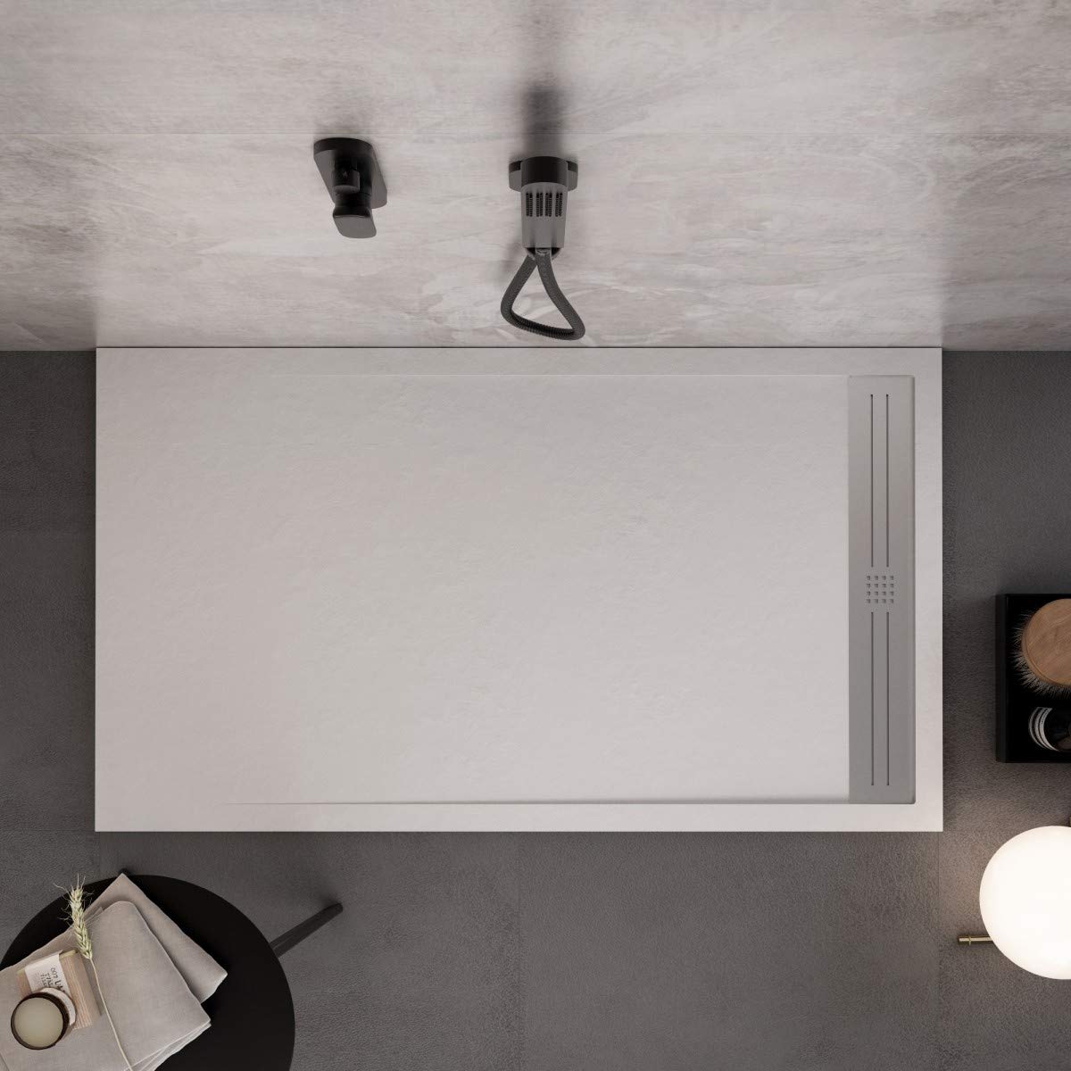 Luminosa ArredoBagno Plato de ducha marmoresina 80 x 120 cm – Efecto piedra antideslizante con gel – Modelo Paris Color blanco – Parrilla inoxidable y desagüe incluidas