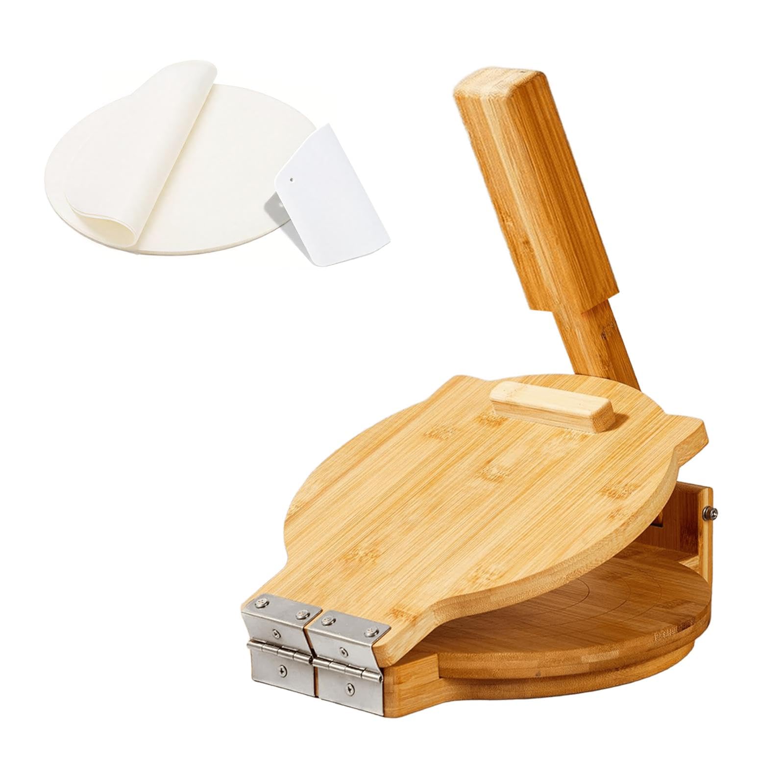 Wooden Tortilla Press 10 Inch - Tortilla Maker Bamboo Prensa para Tortillas with 50 Parchment Paper &amp; Dough Cutter, Mexican Tortillera Press for Homemade Corn Tortillas, Burritos, Taco, Roti