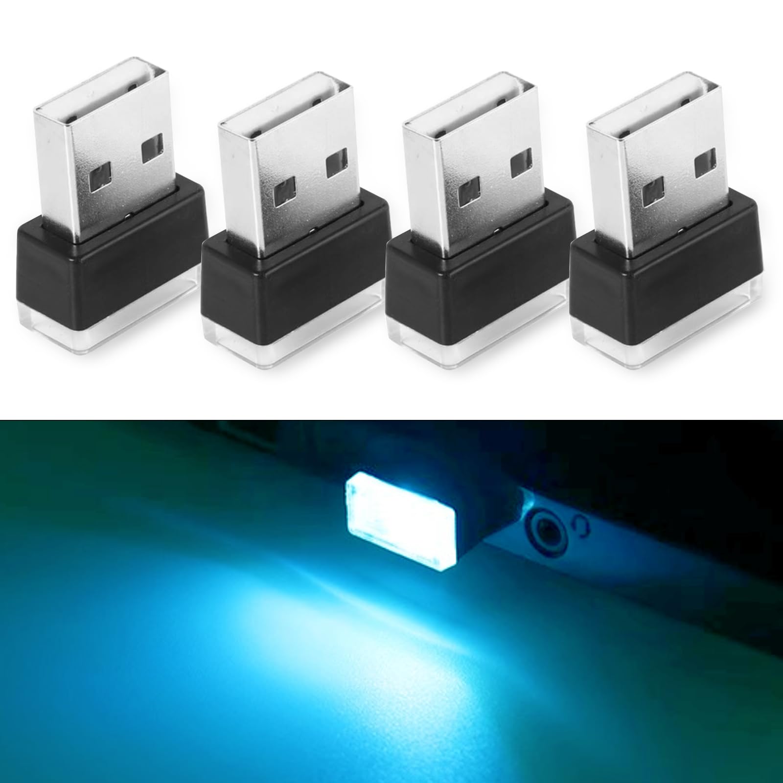 NTNEV 4PCS USB LED Car Interior Atmosphere Lamp, Mini Led USB Lights for Car Decoration, Ambient Lighting Kit, Plug-in USB Interface, Universal Car Interior Accessories (Ice Blue)
