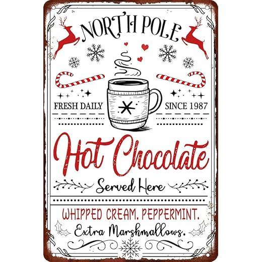 Geroclonup Cartel de metal con texto en inglés "Hot Chocolate Served Here" para decoración navideña de granja, póster retro vintage para cocina, cafetería, bar, decoración de pared del hogar, placa de