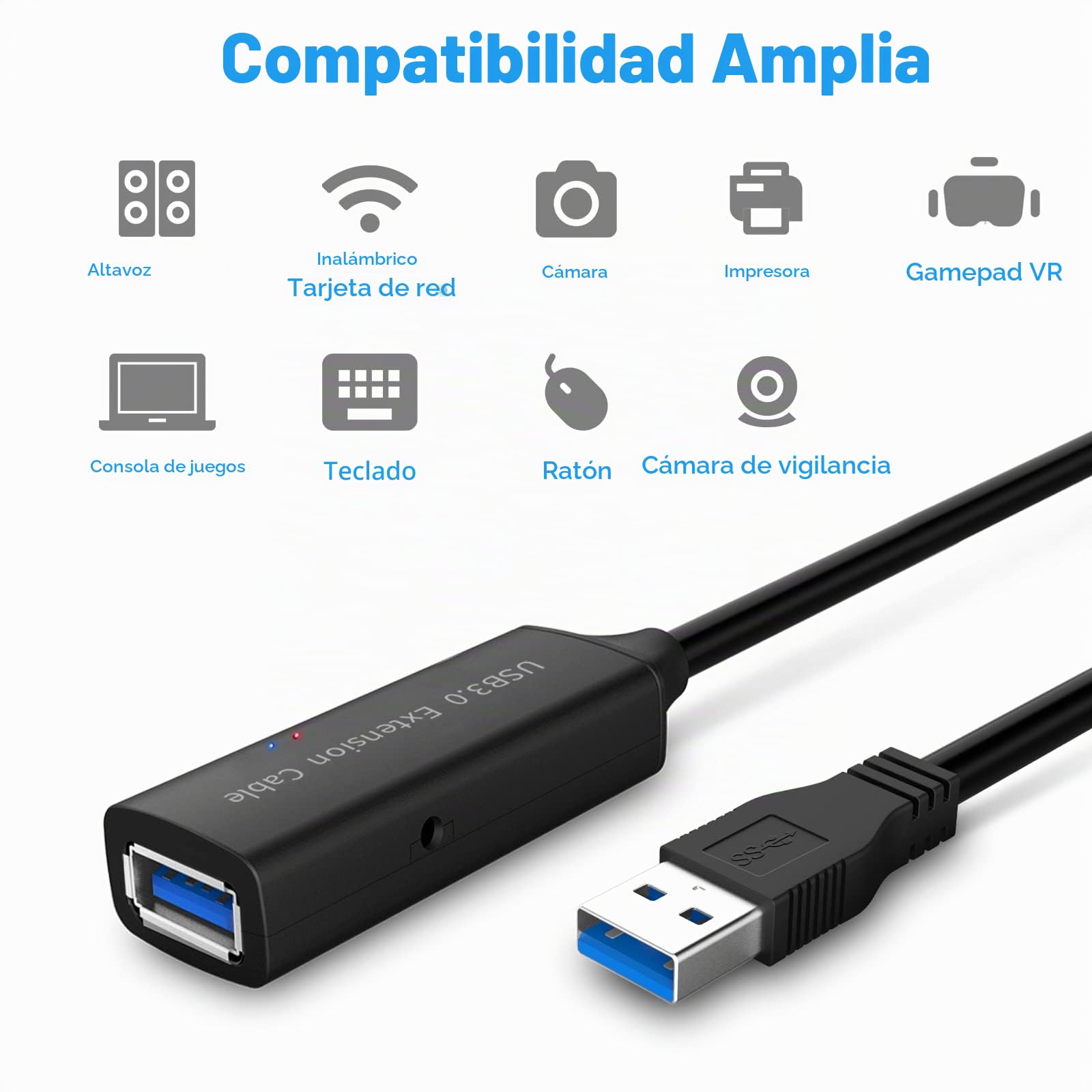 RSHTECH USB 3.0 Cable Extensión 15m con Amplificador de Señal y Fuente de Alimentación 5V - Macho A Hembra para Impresora, Escáner, Cámara y más | Cable de extensión USB 3.0 activo de 5 Gbps, con extensión, chipset, amplificador de señal, repetidor