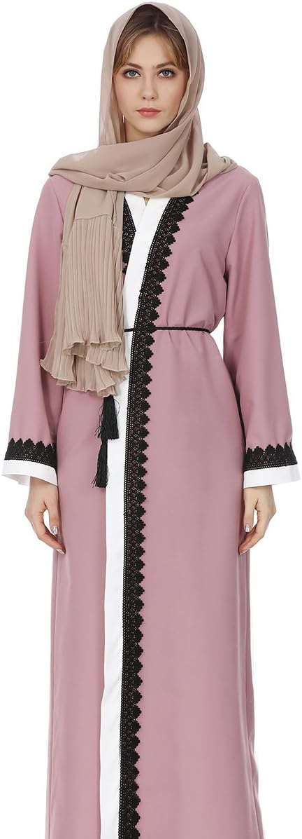 Women's Long Sleeve Dress Muslim Dress Abaya National Costume Stitching Color (Medium, Powder + Black)