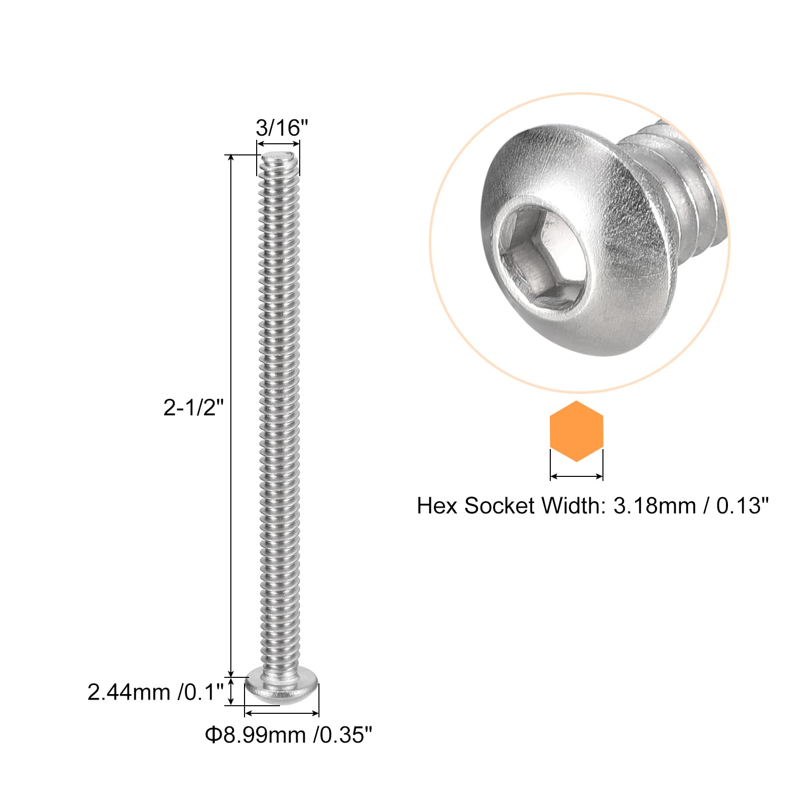 Viti Testa Bottone Inox Viti Tappo Testa Bottone In Acciaio Inox 18-8 - 3/8-24, Azionamento Esagonale, Qty 10 Viti Esagonali