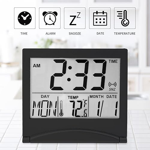 Miniatura 2 de Reloj pequeño de viaje digital con alarma, funciona con batería, reloj portátil con pantalla de números grandes y fecha y temperatura, reloj de
