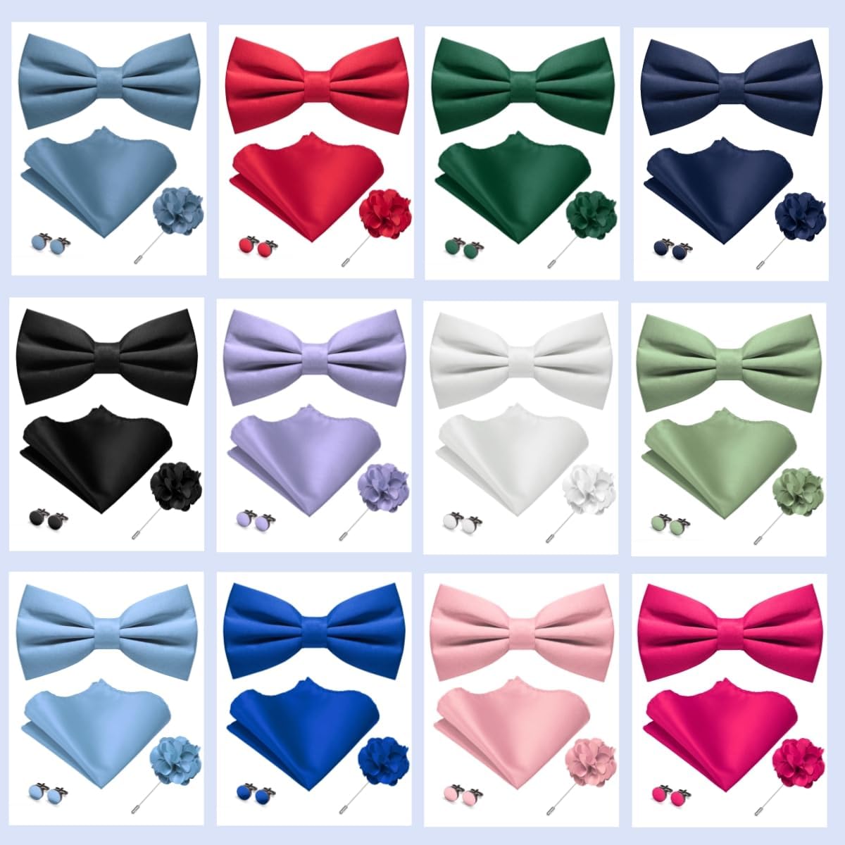JEMYGINS Solid Color Pre-tied Bow Tie and Pocket Square Cufflinks Lapel Pin Sets for Men 4PCS - Image 4