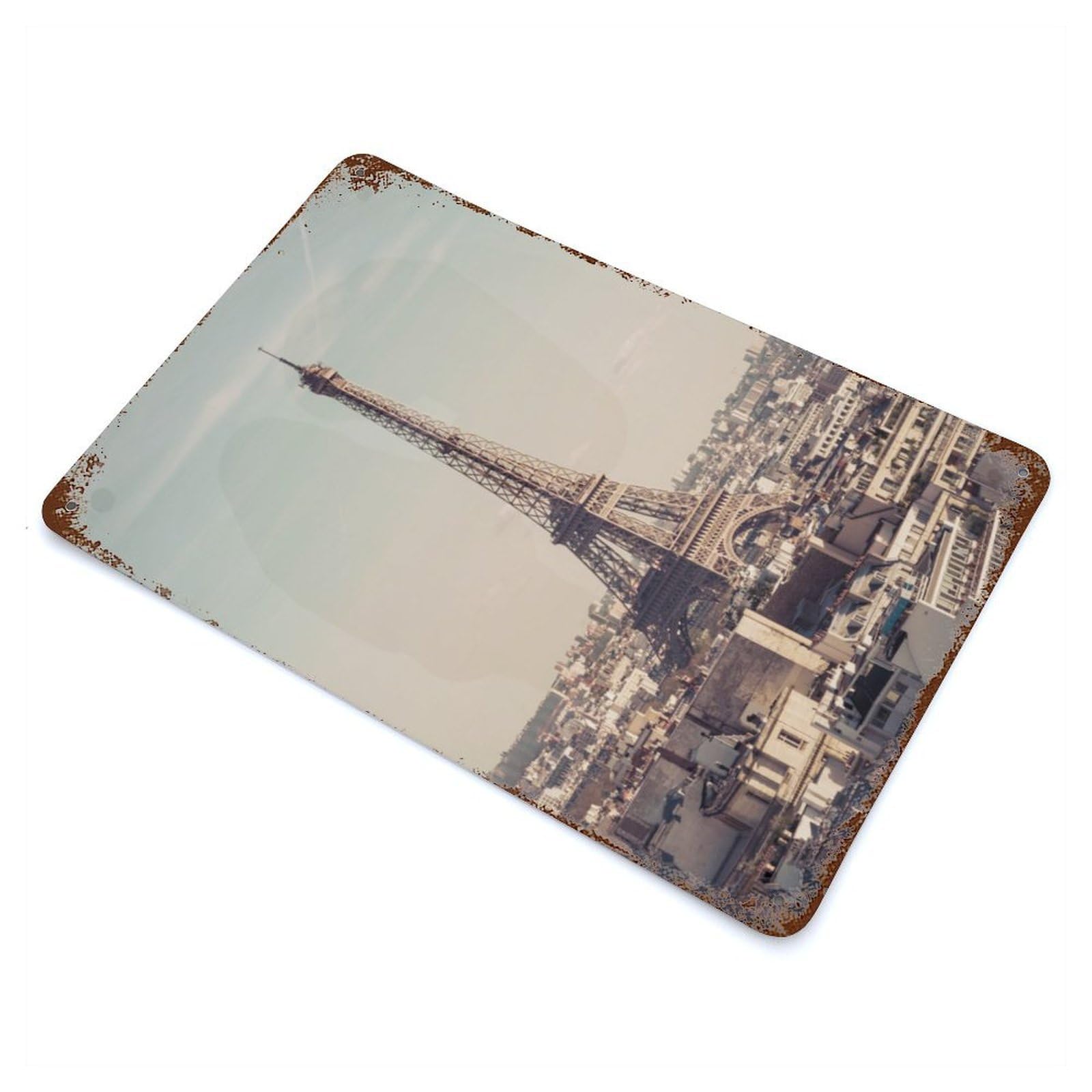 Eiffel Tower Paris Skyline Vintage Wall Sign 11.8"x7.9", Rust Effect Metal Decor for Living Room, Hallway And Home Decor