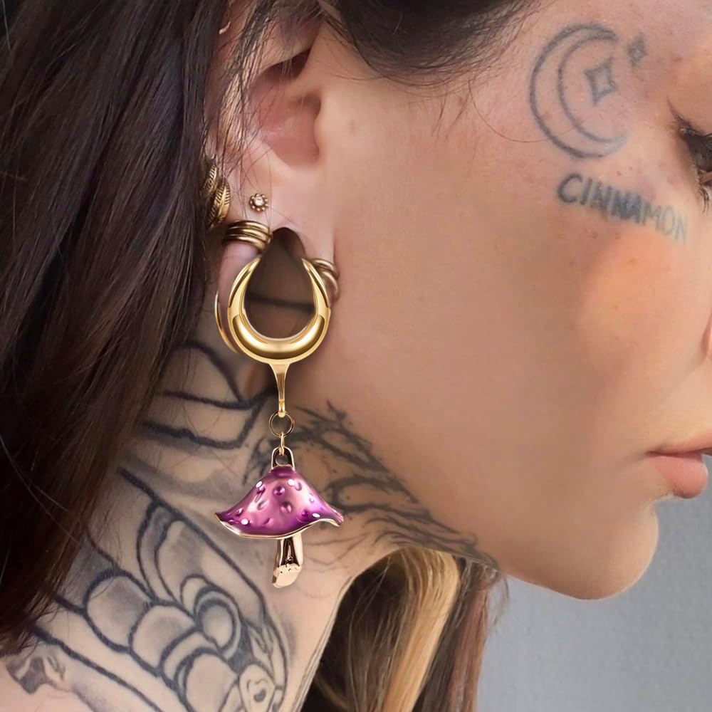 DOEARKO 2PCS Cool Stainless Steel Fashion Purple Mushroom Dangles Ear Tunnels Plug Hangers Ear Gauges Ear Stretcher Body Jewelry