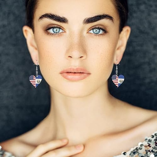 Miniatura 5 de Colgante de madera con forma de corazón de la bandera de El Salvador y Estados Unidos, adornos retro, aretes colgantes ligeros, joyería para mujer