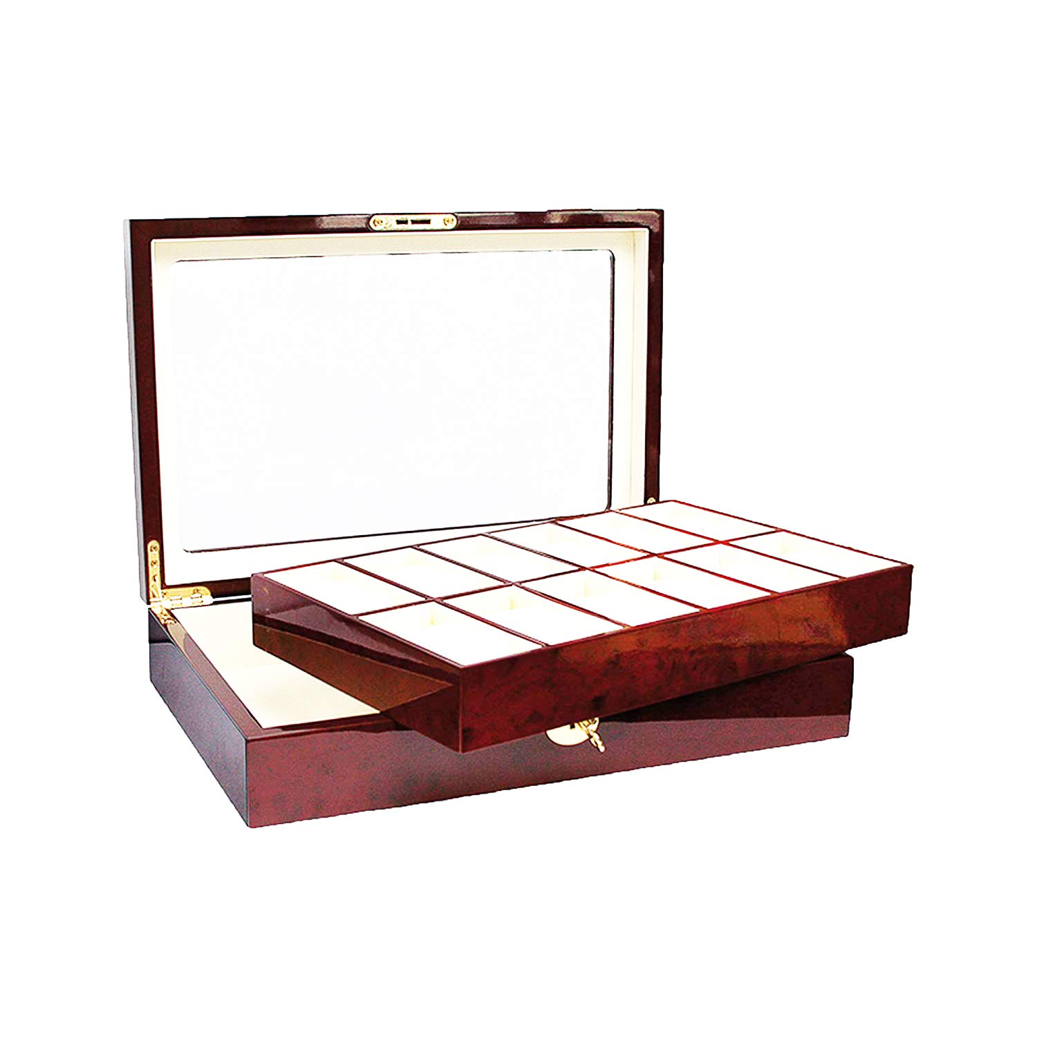Safe 260 Caja de madera lacada para guardar 12 relojes color caoba - compartimentos individuales extraíbles con tapa transparente - 360 x 238 x 76 mm