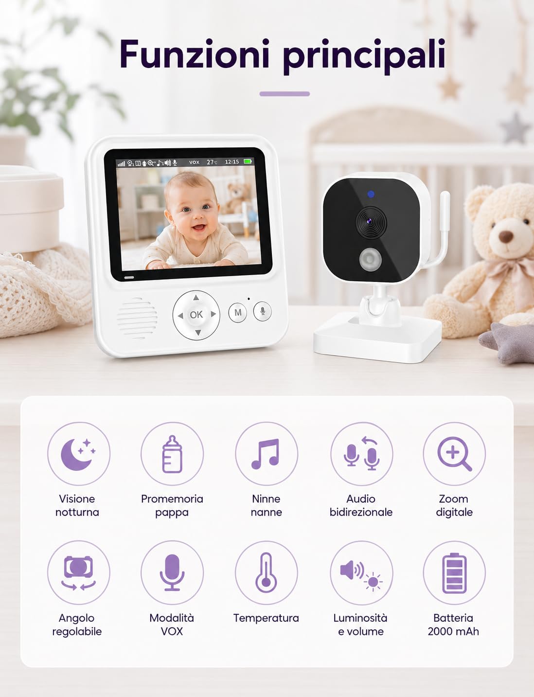 BURNNOVE Baby Monitor con Telecamera, 2000mAh Schermo IPS 2.8" 720P, Visione Notturna, Zoom, Audio Bidirezionale, Modalità VOX, Sensore Temperatura, Ninne Nanne, Connessione FHSS 2.4GHz
