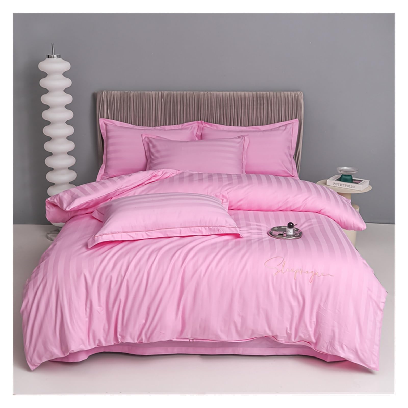 FYIYIEW double duvet set, Sliver Grey Stripes 100% Egyptian Cotton Jacquard Bedlinens Queen King Size Set