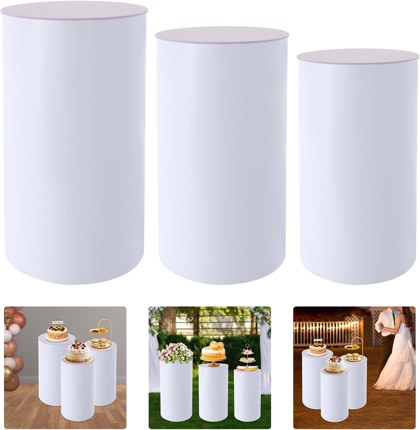 OUKANING 3 Pcs White Cylindrical Display Pedestal Stands, PVC&Acrylic Wedding Round Cylinders, Decorations Pillars Sculpture Display Columns for Store, Birthday, Party, H23.62'', 21.65'', 19.69''