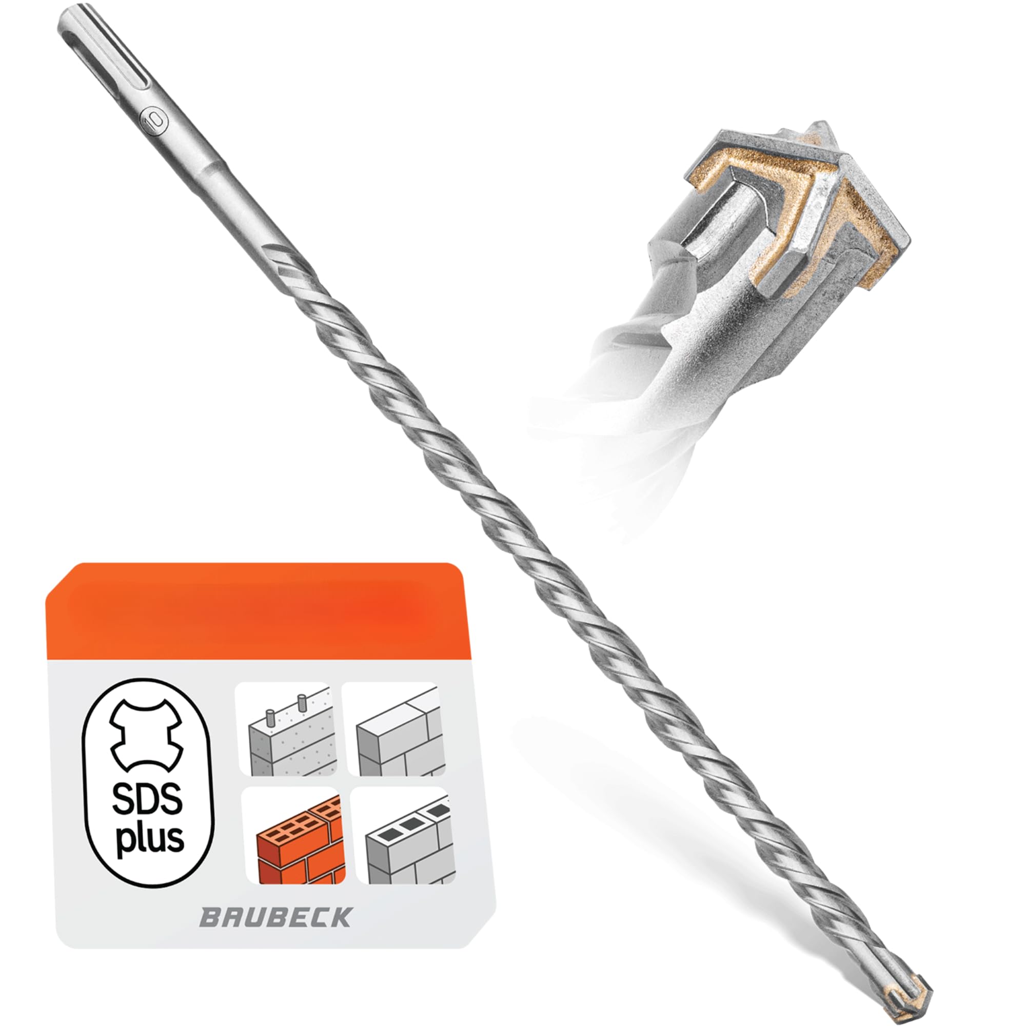 SDS-Plus-Bohrer BAUBECK 10 x 460 mm, SDS-Plus-Bohrer 10 mm, 40CR-Stahl, 4 Zähne, langlebiger Steinbohrer