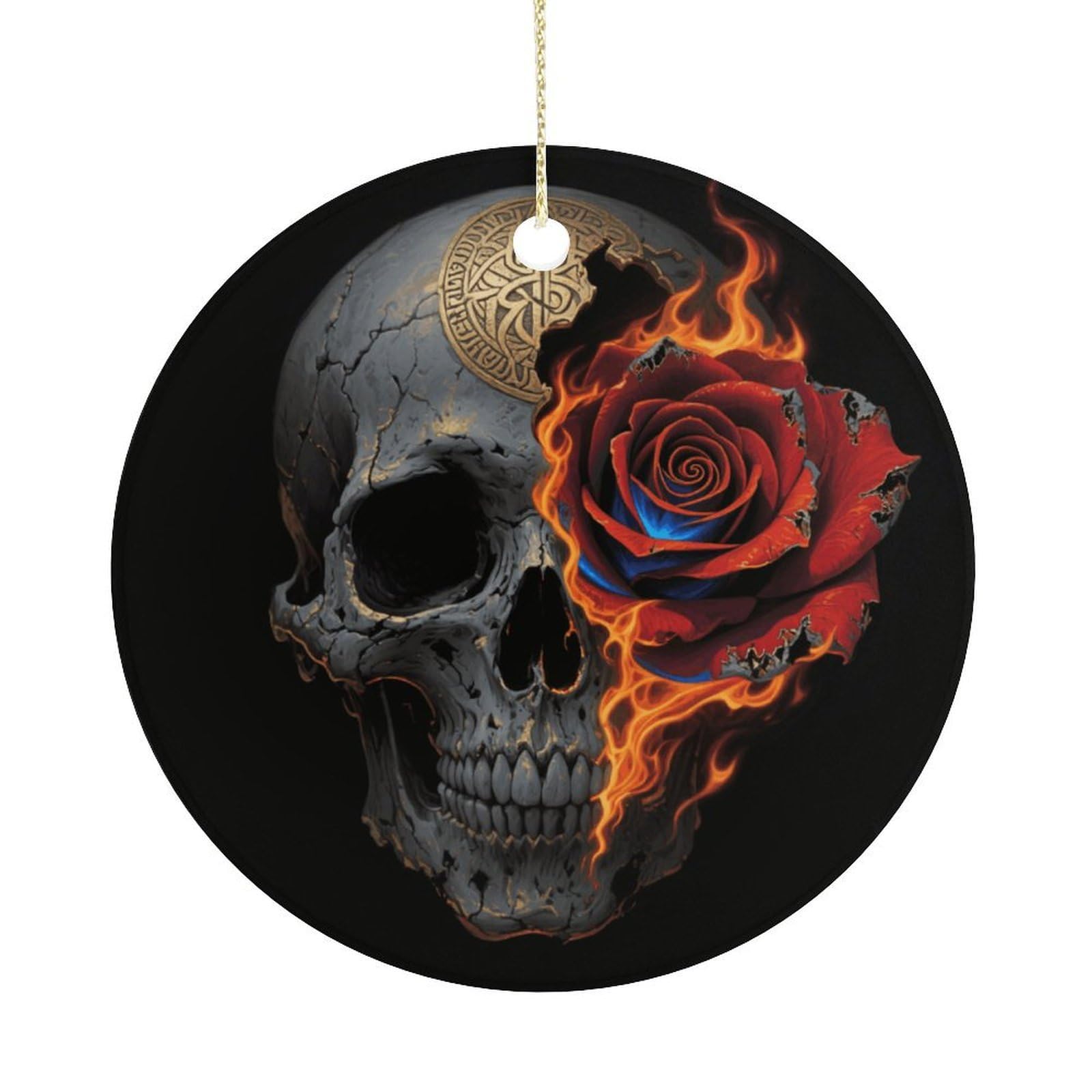 Personalized Christmas Ornaments 2025 Ceramic Hanging Gothic Skull and Black Rose Ornaments with Gold String Double-Sided Vintage Holiday Decorations for Tree Mantel Tabletop Xmas Party Favors