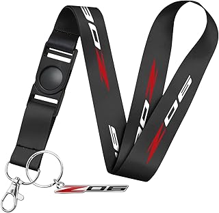 iPick Image for Chevrolet Corvette C8 Z06 Logo Die-Cut Metal Key Chain Key-Charm with Black Lanyard Strap, Exclsive Official Licensed Product