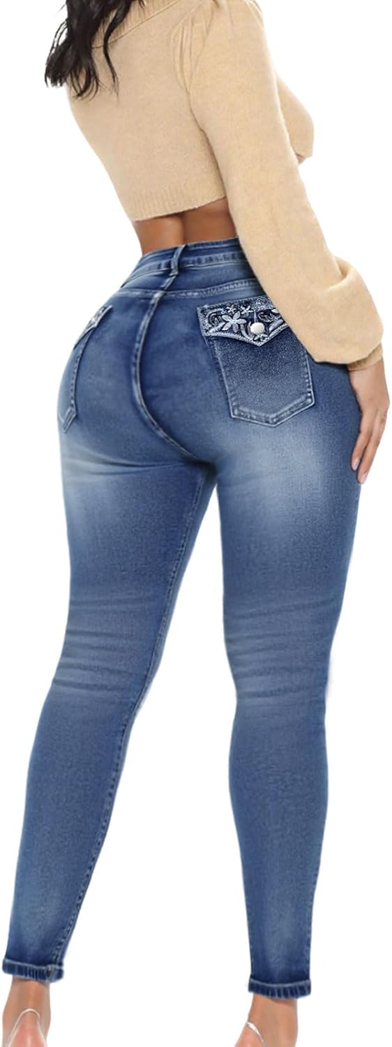 Cuyulitcik Curvy Plus Size Skinny Jeans - High Waisted Stretch Ankle Slim Fit Denim Pants with Floral Embroidery for Women