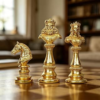 3Pcs Gold Big Chess Pieces Set - King, Queen & Knight Sculpted Figurines, Luxury Resin Decorative Chess Set for Home Display, Living Room Decor, Office Desk Ornaments & Board Game Collectibles