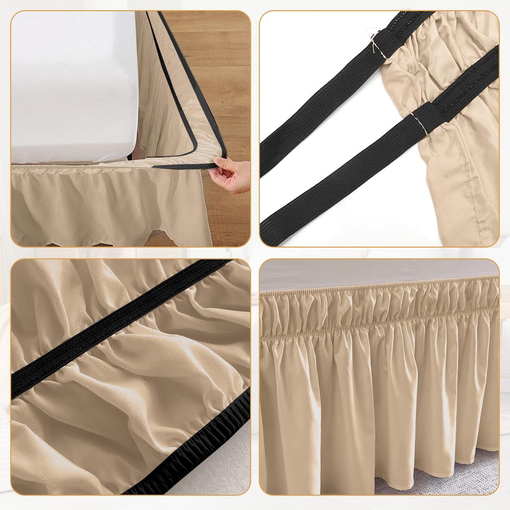 RANJIMA gonna da letto pieghettata, 153 x 203 cm, gonna da letto con balze, gonna da letto avvolgente, altezza 38 cm, volant copriletto con doppio elastico, regalo per donne, sabbia