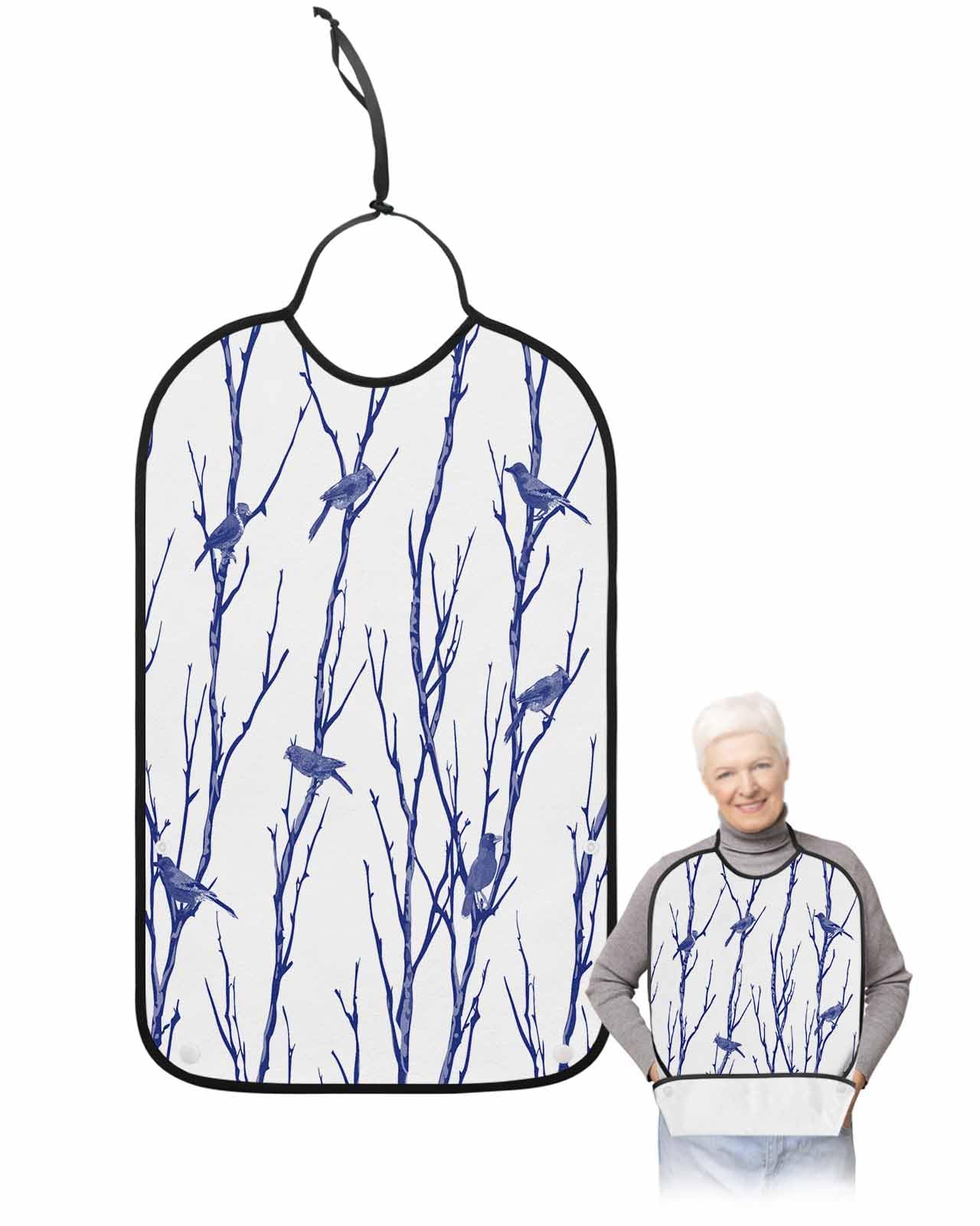 LEOKOTI Navy Blue Branches Birds Adult Bibs for Eating, Waterproof Bibs with Food Catcher & Snap Closure, Contemporary Abstract Silhouette Washable Clothing Protectors Adult Bibs for Elderly