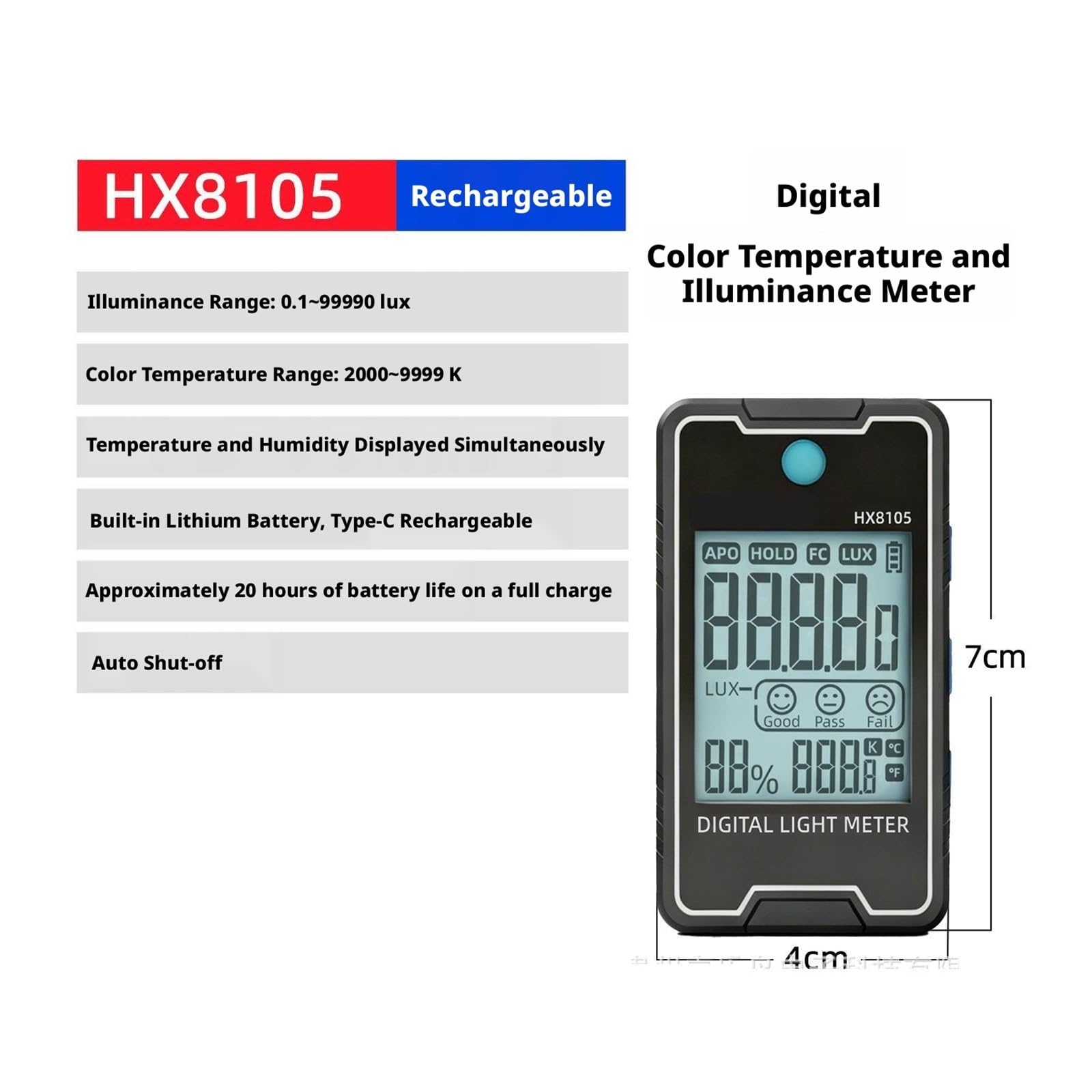 Medidor de Luz, Mini medidor Recargable de Temperatura Color y Lux, probador Humedad Ligera 4 en 1