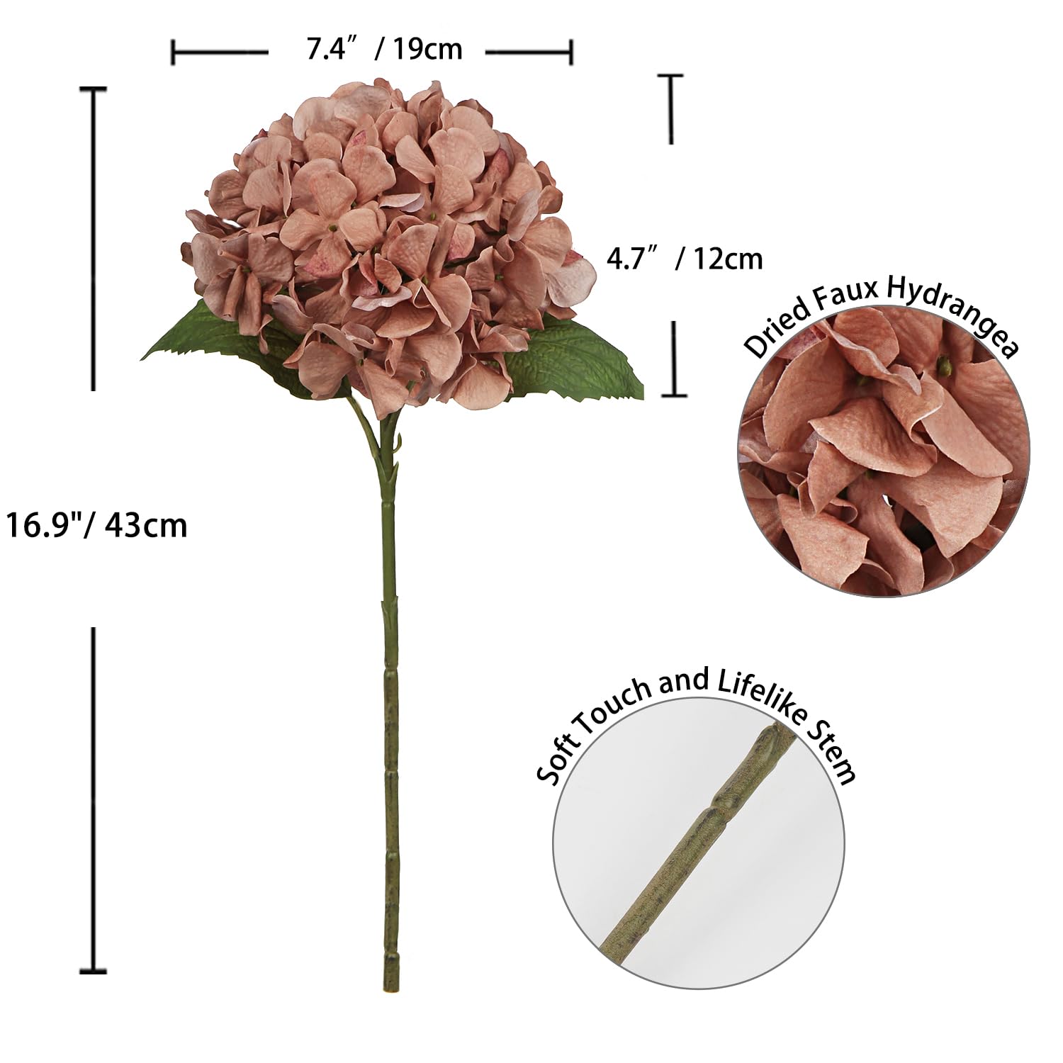 Hollyone 4 pcs Brown Hydrangea Artificial Flowers with 16.9'' Long Stem, Fake Flowers Dried Flowers - Image 2