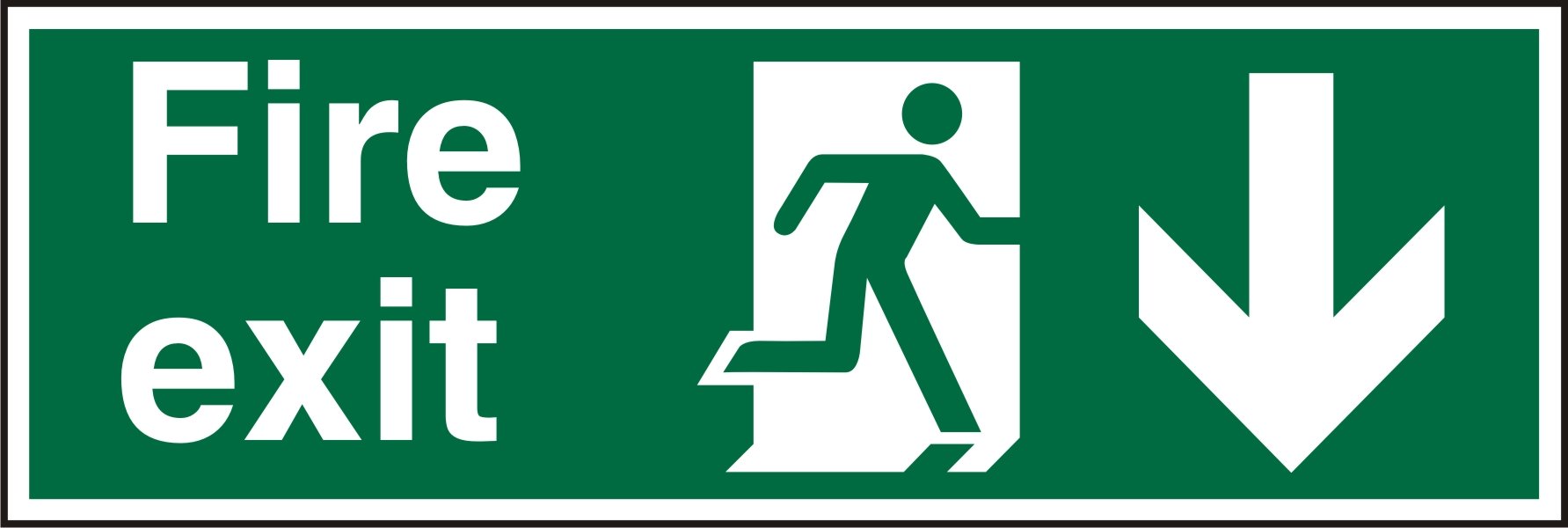 Seco Fire Exit - Fire Exit, Man Running Right, Arrow Pointing Down Sign, 450mm x 150mm - 1mm Semi Rigid Plastic, White