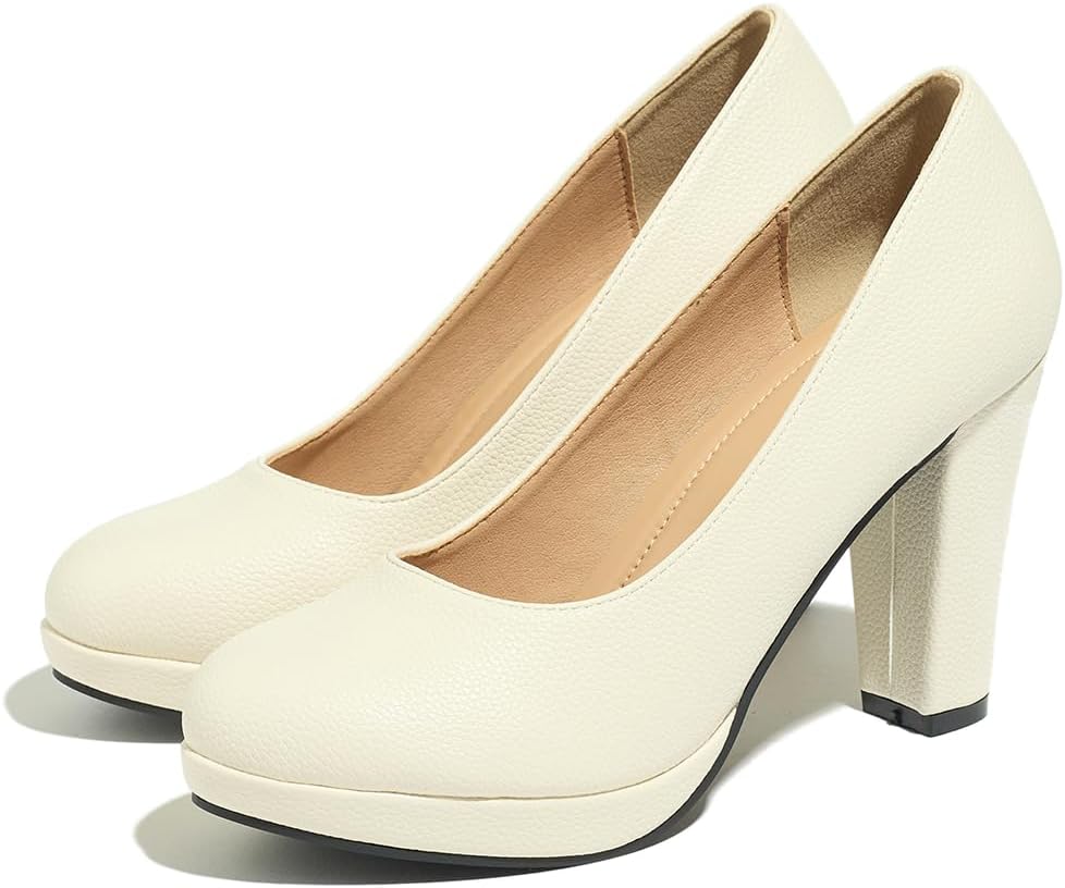 Women's Pumps High Chunky Block Heel Dress Shoes Closed Round Toe Comfortable Heels