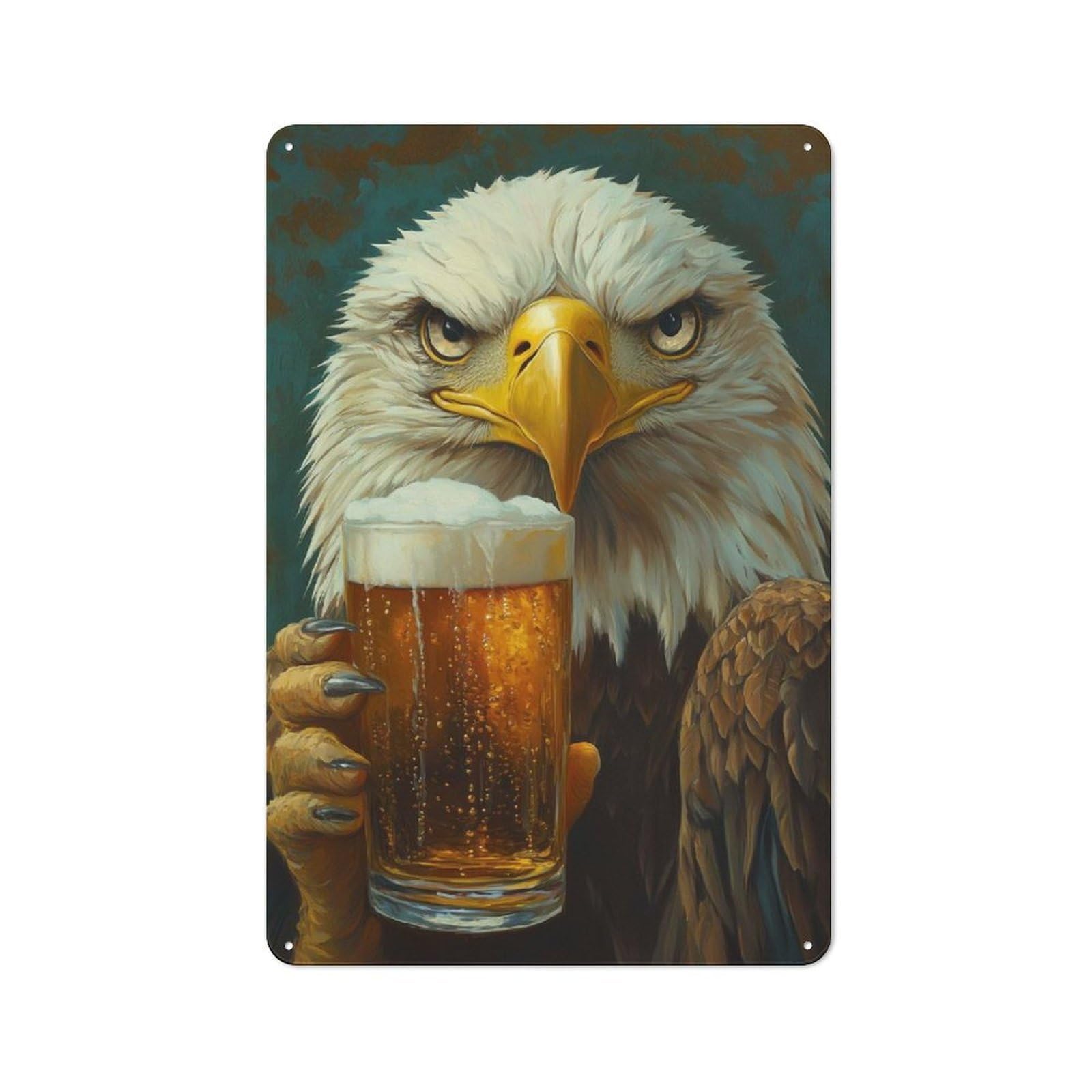 Junmoney Eagle With Beer Rustic Country Metal Sign 30X20cm, Cottage Wall Art For Dining Room, Cafe, Entryway Or Family Room