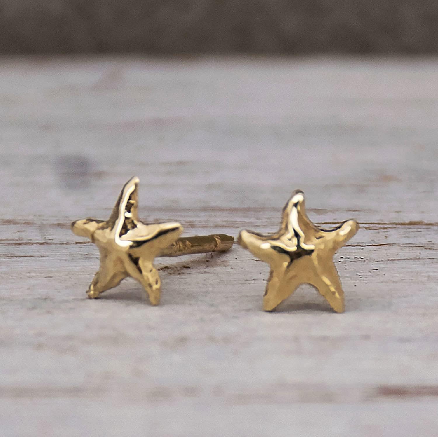 14K Gold Starfish Stud Earrings, 14K Solid Yellow Gold Dainty Sea Star-Fish Studs, Tiny Handmade Dainty Jewelry, Gold Pushback Closure Earrings, Simple Minimalist Birthday Gift for Young Women - Image 5