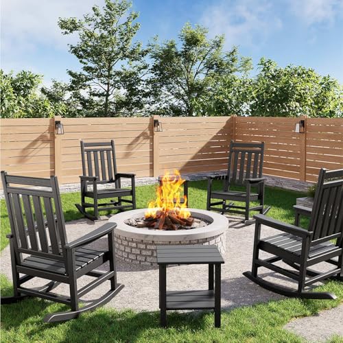 HDPE Rocking Chair Outdoor Set of 4 with 2 Side Table - Poly High Back Porch Rocker Chairs for Adults - All Weather Resistant Furniture for Patio Fron