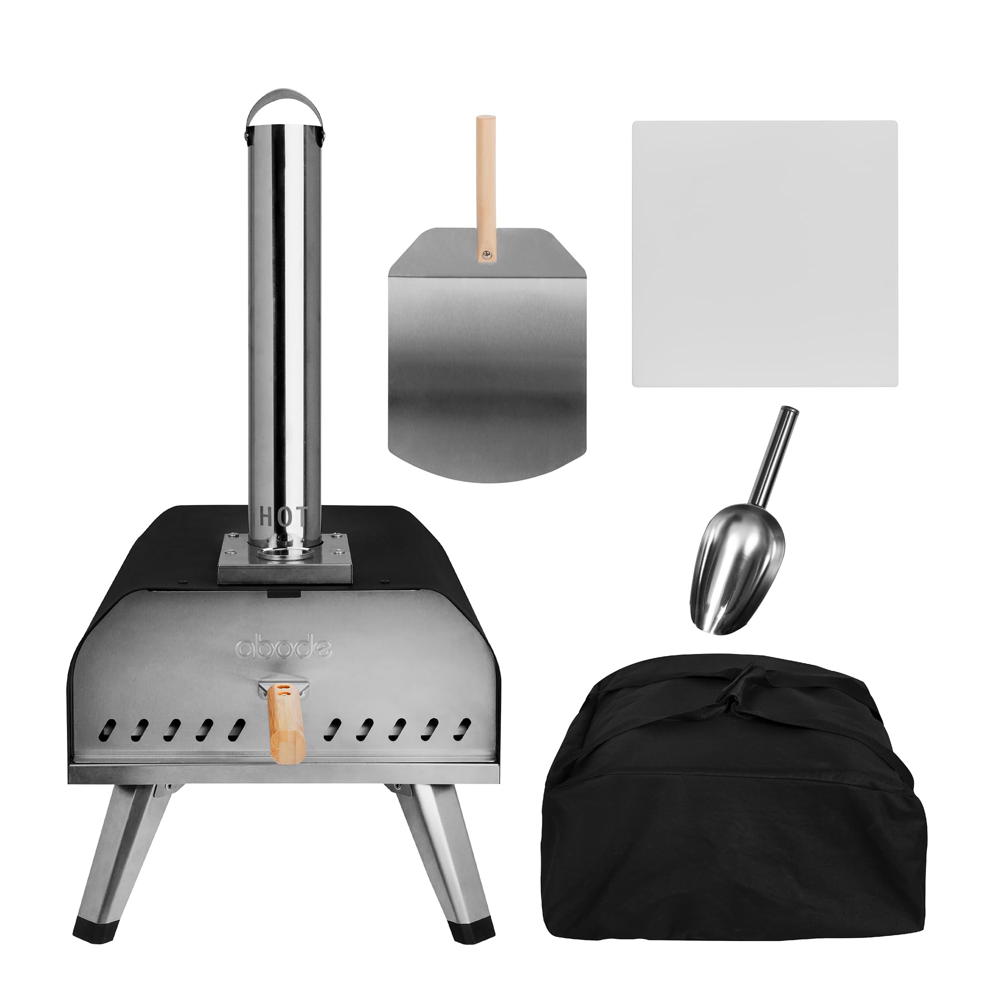 Abode Outdoor 13 Inch Wood Pellet Portable Wood Fired Pizza Oven with Paddle and Cover in Black, BBQ Oven & Smoker, Stainless Steel Foldable Legs AWPPO01BPC
