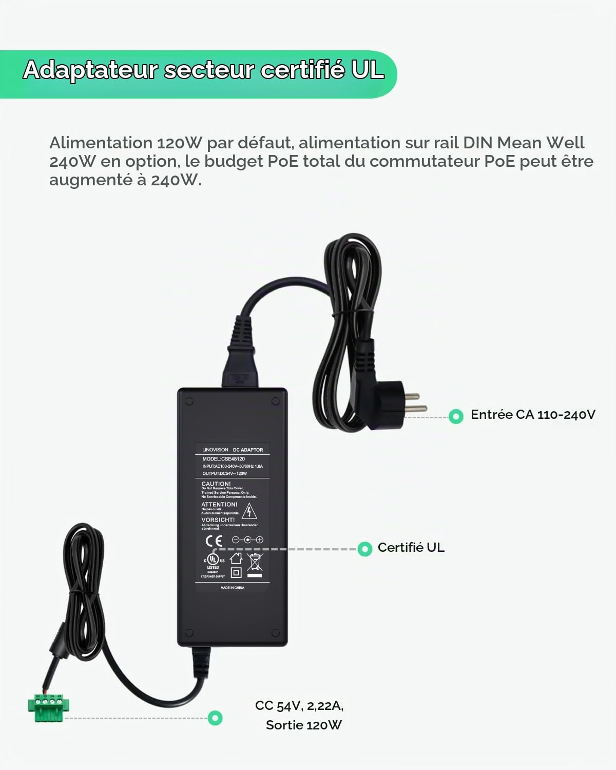Linovision Switch PoE Industriel 8 Ports Gigabit Non Administrables Avec 2 Uplinks Sfp, 4 Ports PoE BT 90W, PoE Watchdog, Alimentation Redondante, Sur Rail Din Pour Caméra Ptz/Éclairage