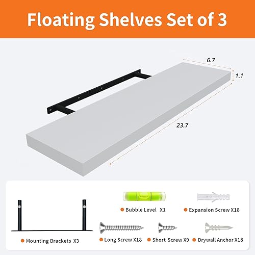 Miniatura 3 de Juego de 3 estantes flotantes para pared, estantes de pared blancos de 24 pulgadas para decoración del hogar, estante flotante blanco para sala de