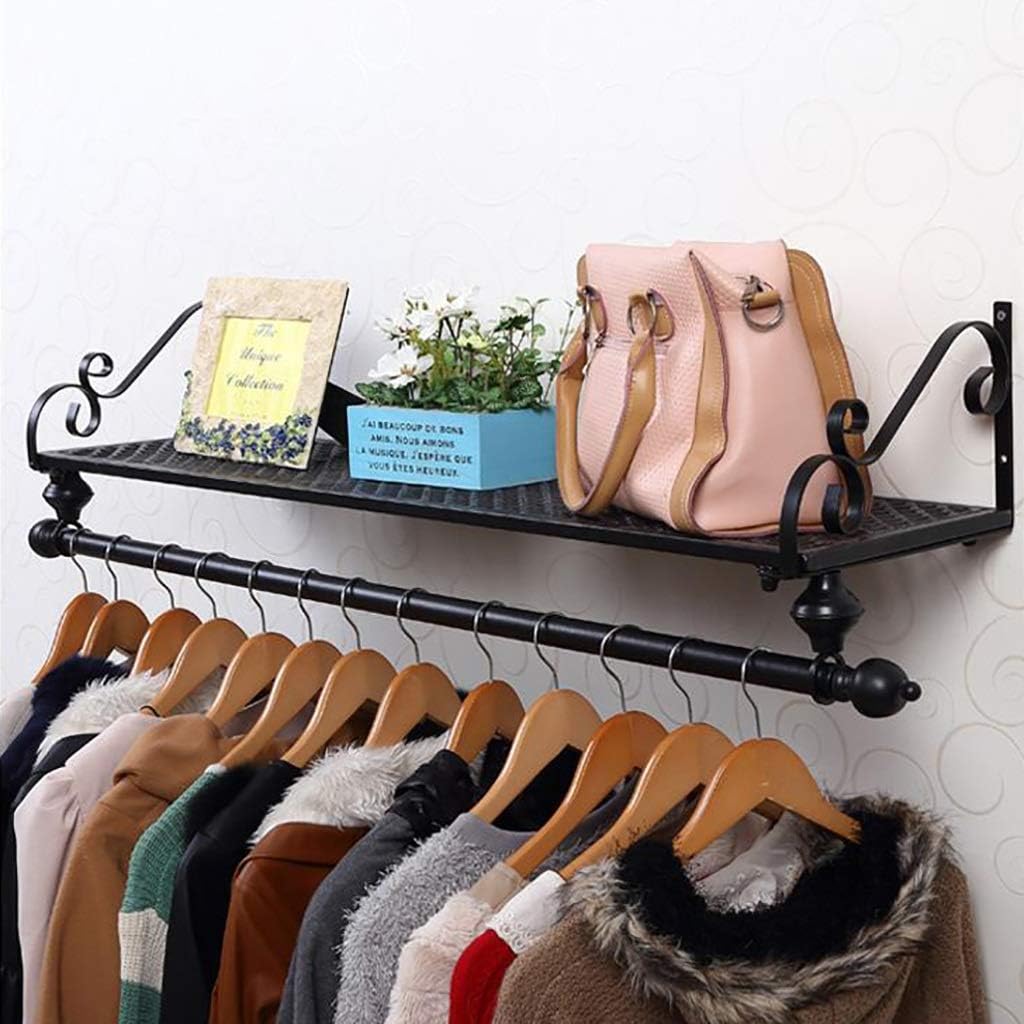 FKDEDN 鐵衣架 壁掛式服裝架 閣樓外衣架 附貨架 存放物 展示 居家與廚房