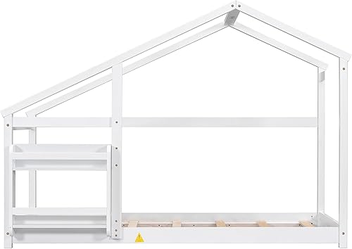 Miniatura 8 de Bellemave Cama de casa de tamaño individual para niños, cama de piso individual, cama de piso estilo Montessori con estante, cama de madera para