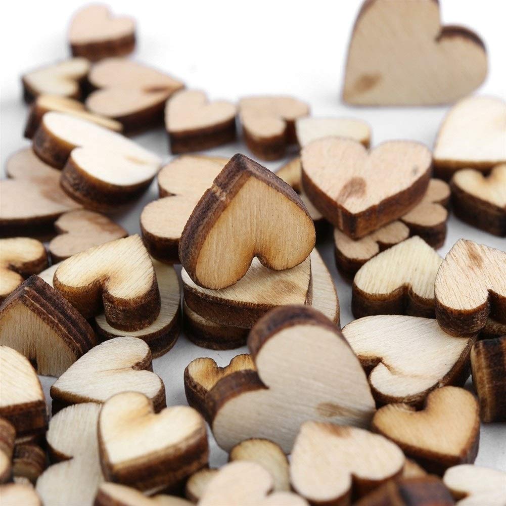 JJESC 100Pcs/Pack Cute 4 Sizes 6/8/10/12mm Mixed Love Heart Shape Wedding Table Scatter Decor Rustic Wooden Wedding Decoration Buttons